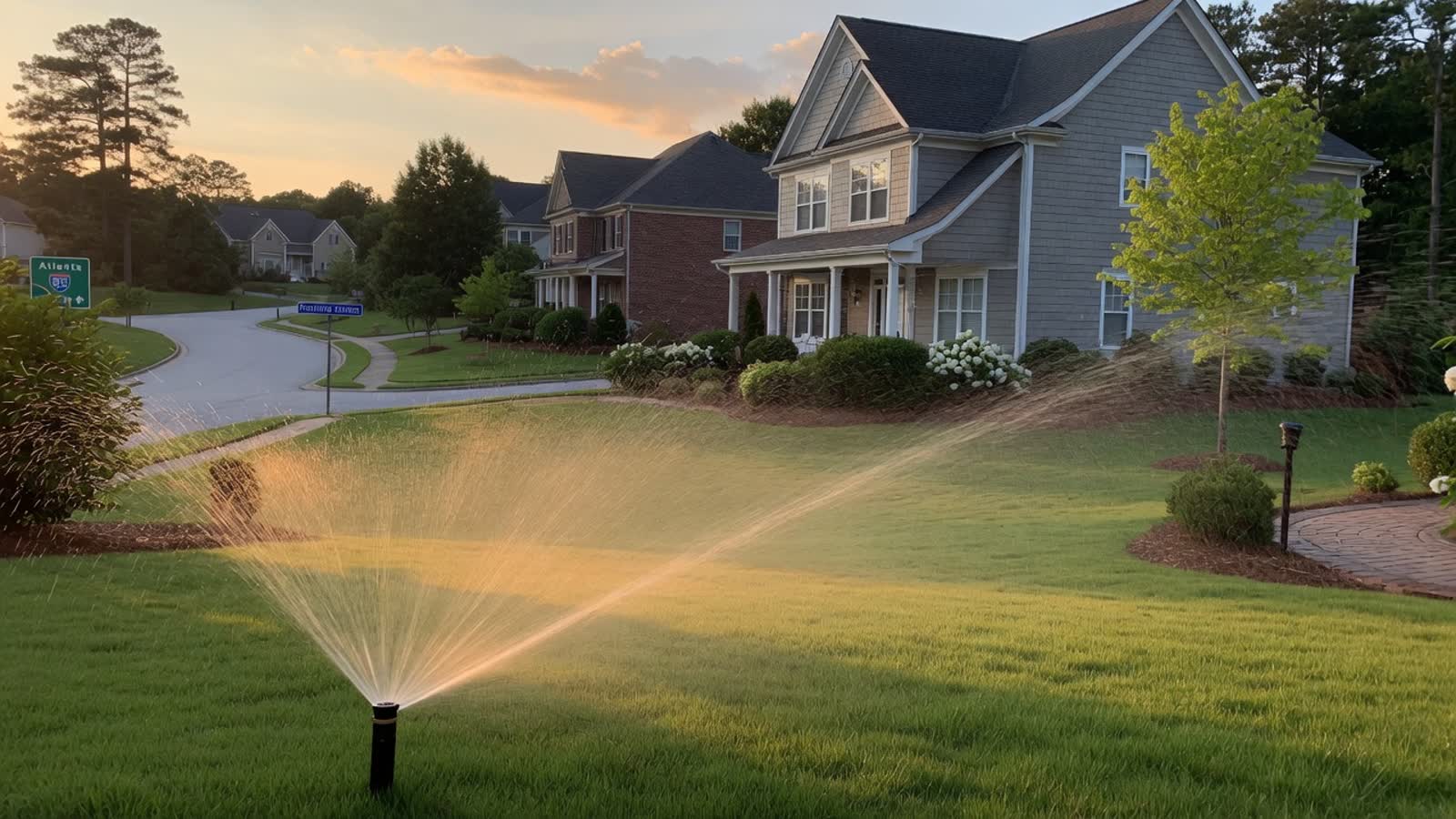 A green suburban lawn at morning with irrigation running